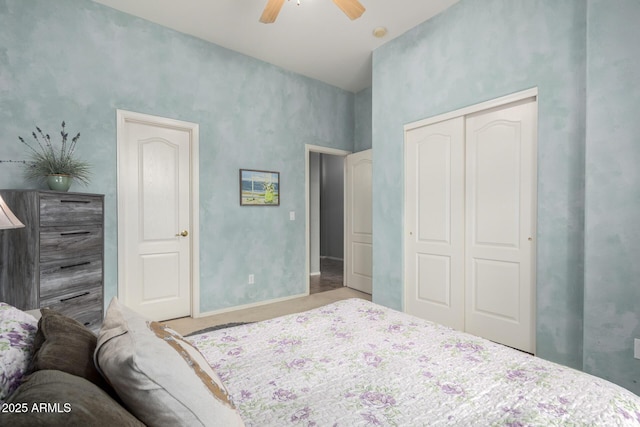 3055 N Red Mtn Unit 77, Mesa, AZ 85207 - carpeted bedroom with a closet, baseboards, and ceiling fan