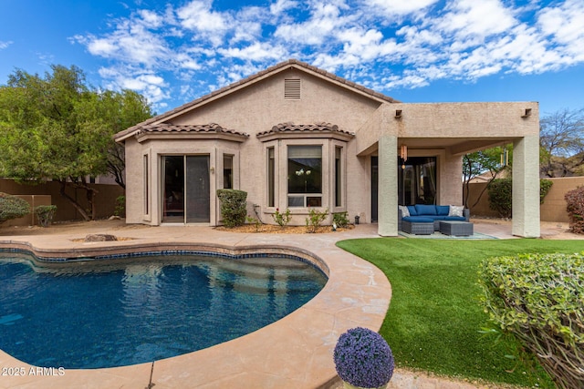 3055 N Red Mtn Unit 77, Mesa, AZ 85207 - back of house featuring an outdoor hangout area, stucco siding, a patio area, and a tiled roof