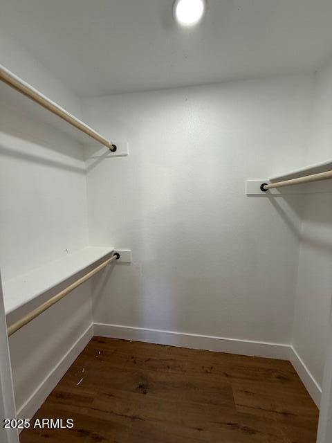 spacious closet with dark wood-type flooring