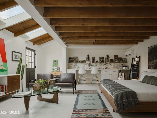 bedroom with vaulted ceiling with beams, a wall mounted air conditioner, and wooden ceiling