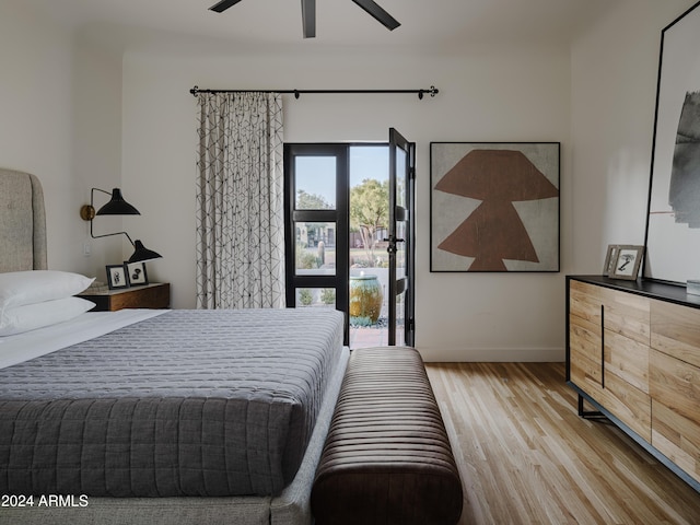 bedroom featuring ceiling fan and light wood-type flooring