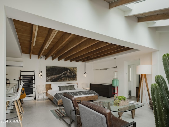 living room featuring beam ceiling and wooden ceiling