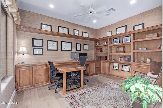 office area featuring ceiling fan and light hardwood / wood-style flooring