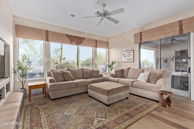 living room with hardwood / wood-style flooring, ceiling fan, and a wealth of natural light