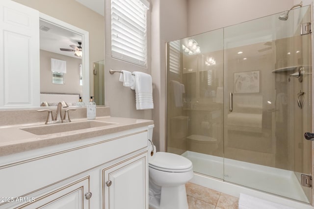 bathroom with toilet, tile patterned flooring, and a shower with door