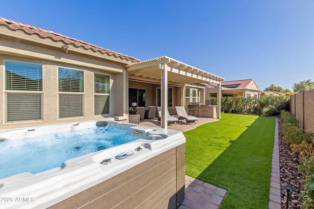 view of swimming pool with a yard, a hot tub, a pergola, and a patio