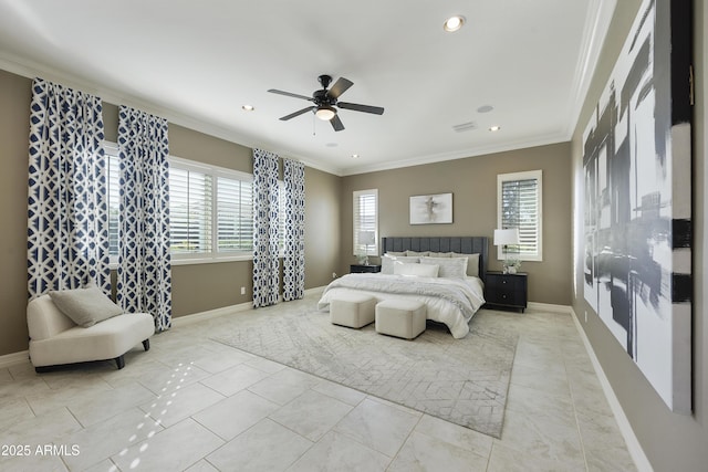 bedroom with crown molding and ceiling fan