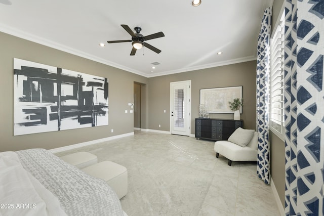 bedroom featuring ornamental molding, access to outside, and ceiling fan