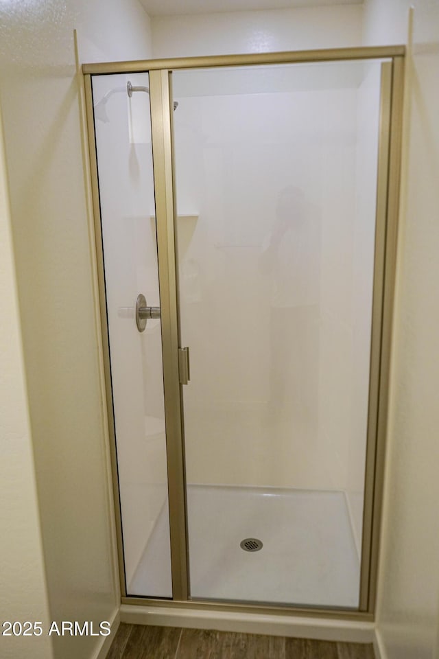 bathroom with wood finished floors and a shower stall