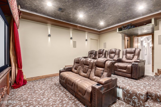 carpeted home theater room featuring a raised ceiling