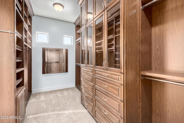 walk in closet featuring light carpet