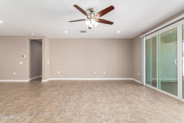 empty room featuring baseboards, ceiling fan, visible vents, and recessed lighting