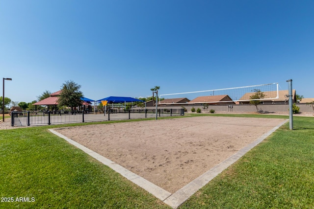 surrounding community with volleyball court and a gazebo