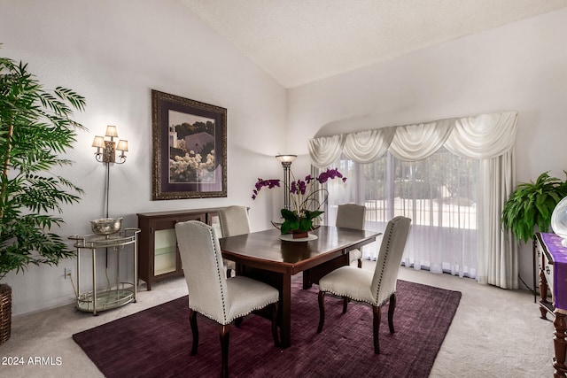 carpeted dining room featuring lofted ceiling and a textured ceiling