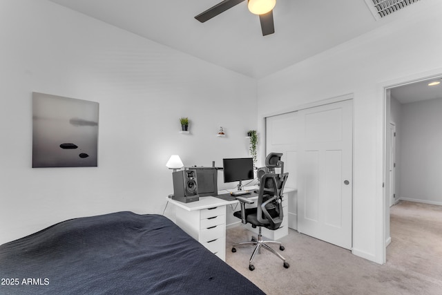 carpeted bedroom with ceiling fan