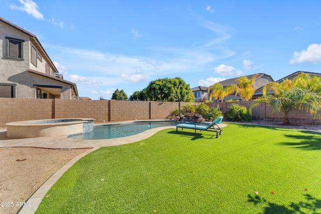 view of yard featuring a swimming pool with hot tub