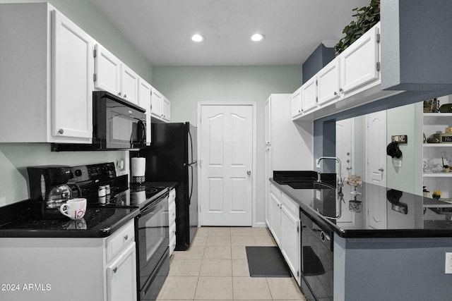 kitchen with white cabinetry, sink, kitchen peninsula, light tile patterned flooring, and black appliances