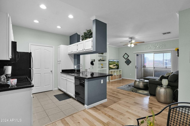 kitchen featuring white cabinetry, dishwasher, ceiling fan, light hardwood / wood-style flooring, and crown molding