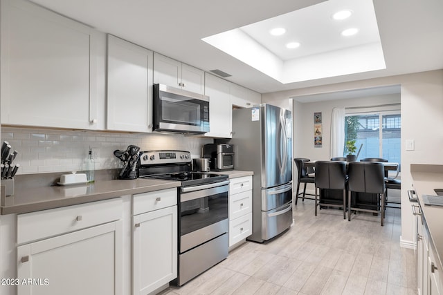 kitchen featuring white cabinets, appliances with stainless steel finishes, tasteful backsplash, and a raised ceiling