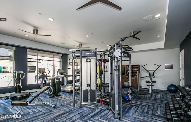 workout area featuring ceiling fan and a healthy amount of sunlight