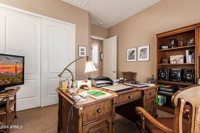 office area featuring light colored carpet