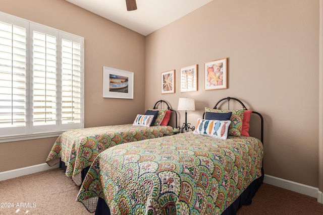 carpeted bedroom with multiple windows and ceiling fan