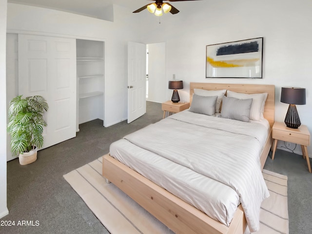 carpeted bedroom with ceiling fan and a closet