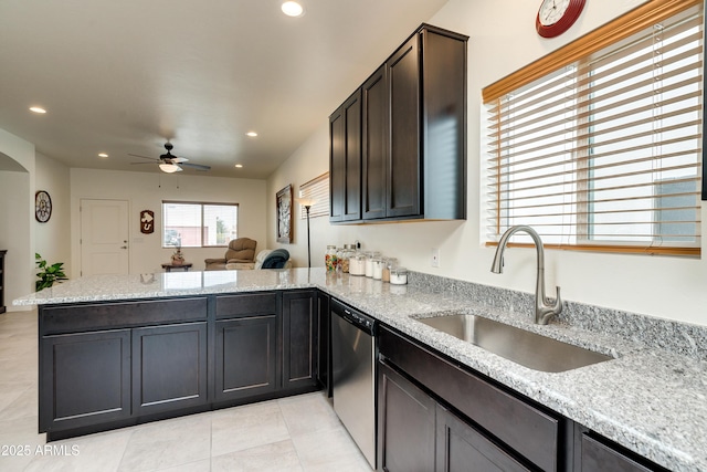 293 S Meadowood Ln, Sierra Vista, AZ 85635 - kitchen featuring dishwasher, a peninsula, a sink, ceiling fan, and recessed lighting