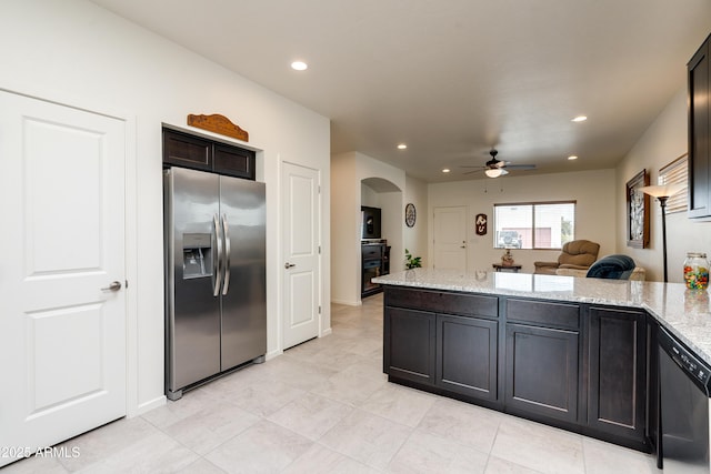 293 S Meadowood Ln, Sierra Vista, AZ 85635 - kitchen featuring stainless steel refrigerator with ice dispenser, arched walkways, ceiling fan, dishwasher, and light tile patterned floors