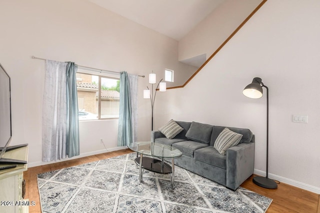 living room featuring wood-type flooring and high vaulted ceiling