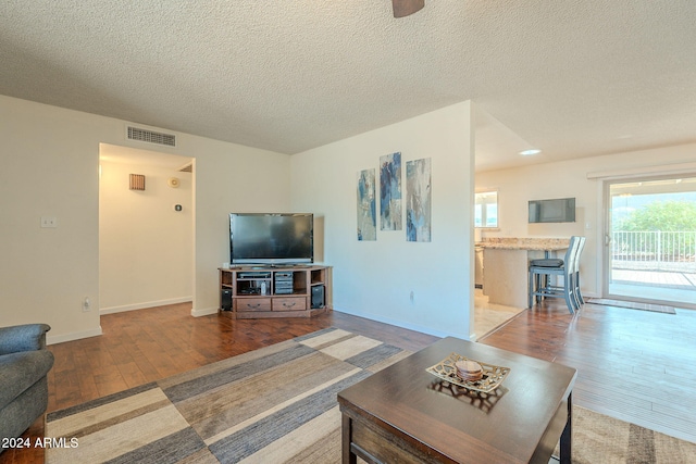 living room featuring hardwood / wood-style floors and a textured ceiling