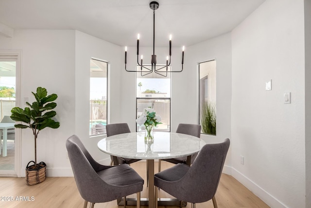 6835 E Friess Dr, Scottsdale, AZ 85254 - dining room with light wood-type flooring, a chandelier, plenty of natural light, and baseboards
