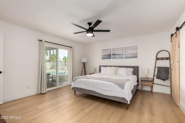 6835 E Friess Dr, Scottsdale, AZ 85254 - bedroom with a barn door, access to exterior, light wood-style flooring, and baseboards