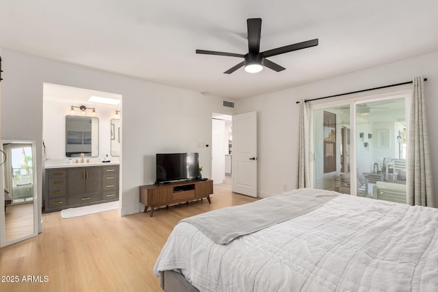 6835 E Friess Dr, Scottsdale, AZ 85254 - bedroom featuring light wood-style flooring, access to outside, ensuite bathroom, and a ceiling fan