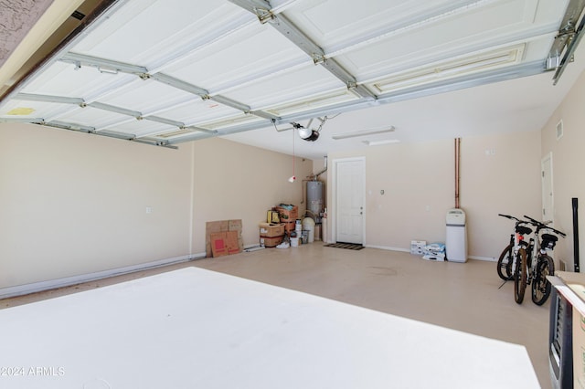 garage with a garage door opener and water heater