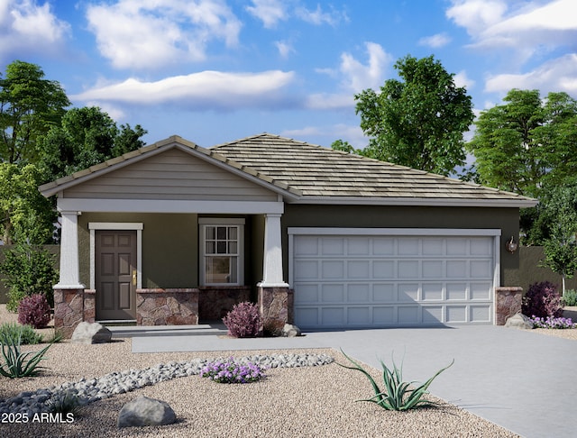 view of front facade featuring driveway, stone siding, an attached garage, and stucco siding