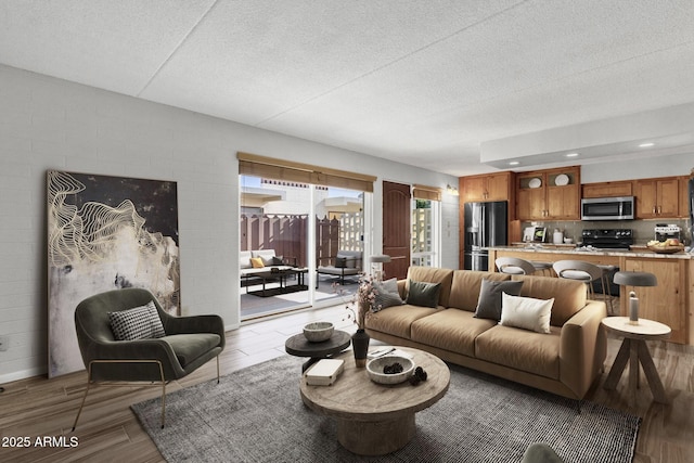 living room with a textured ceiling