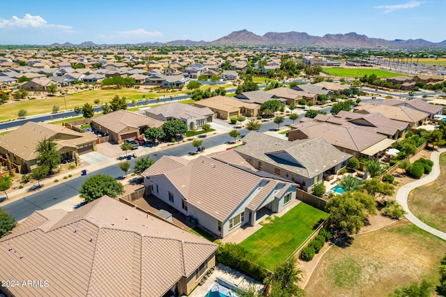 drone / aerial view featuring a mountain view