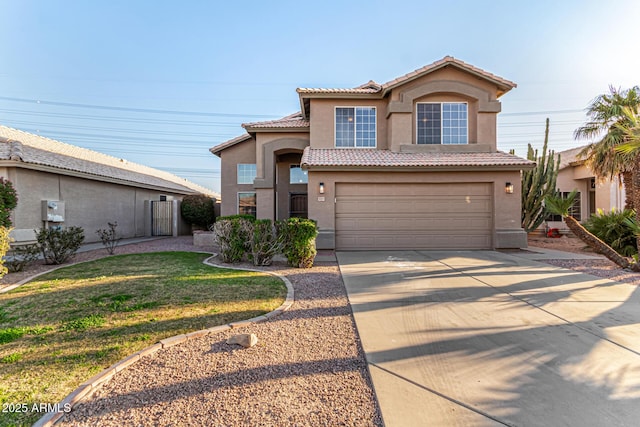 view of front of property with a garage, a tile roof, driveway, stucco siding, and a front lawn