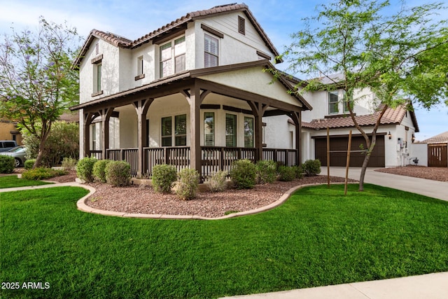 20412 W Thayer St, Buckeye, AZ 85396 - view of front of property with stucco siding, a porch, a tile roof, and a front yard