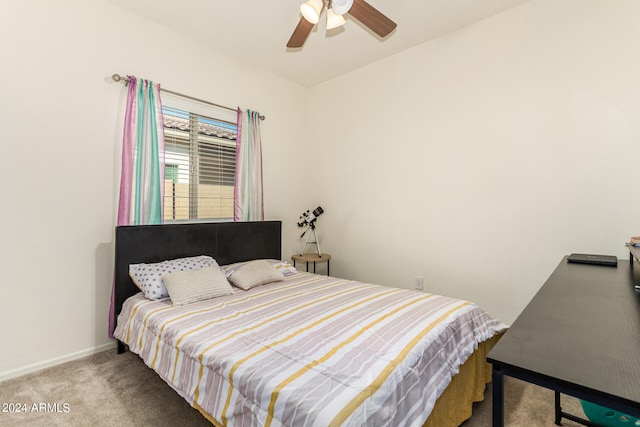 bedroom with light colored carpet and ceiling fan