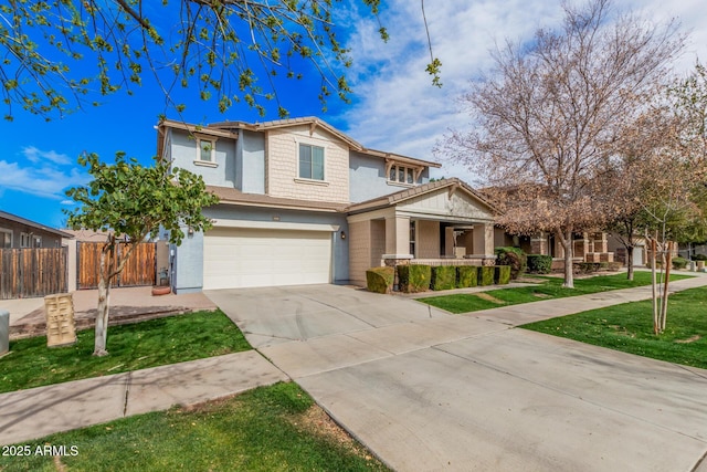 craftsman house featuring stucco siding, covered porch, concrete driveway, fence, and a garage