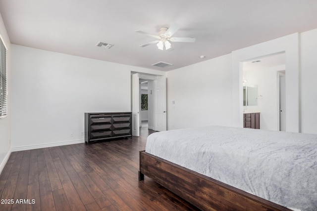 bedroom featuring ceiling fan, wood-type flooring, visible vents, and baseboards