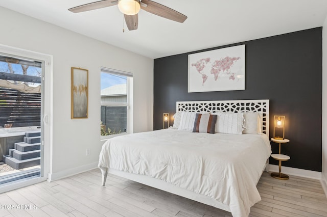 2310 N 11th St, Phoenix, AZ 85006 - bedroom with wood finished floors, access to exterior, ceiling fan, and baseboards