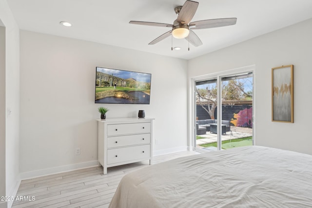 2310 N 11th St, Phoenix, AZ 85006 - bedroom featuring access to exterior, light wood-style floors, recessed lighting, baseboards, and ceiling fan