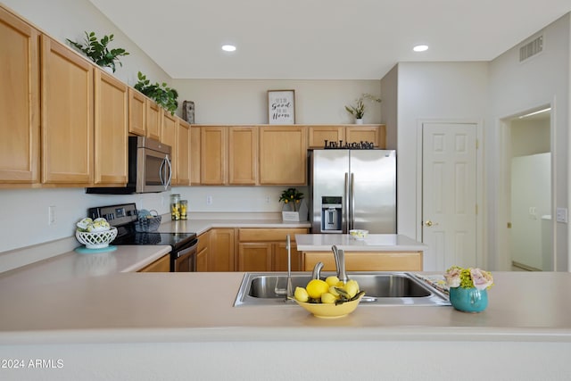 kitchen featuring light brown cabinetry, sink, and stainless steel appliances