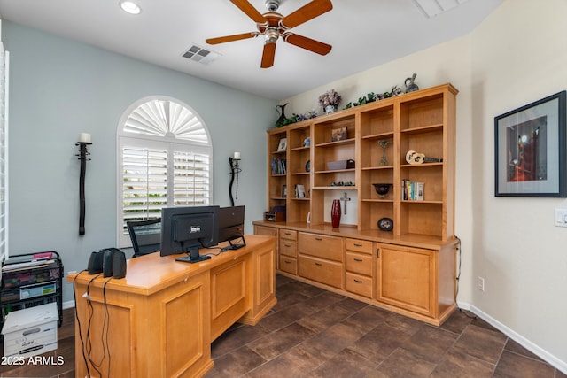 office featuring a ceiling fan, baseboards, and recessed lighting