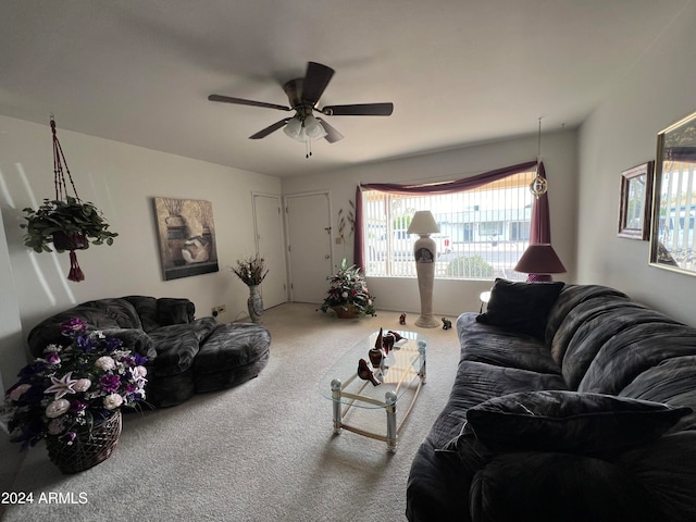 living room featuring ceiling fan and carpet floors