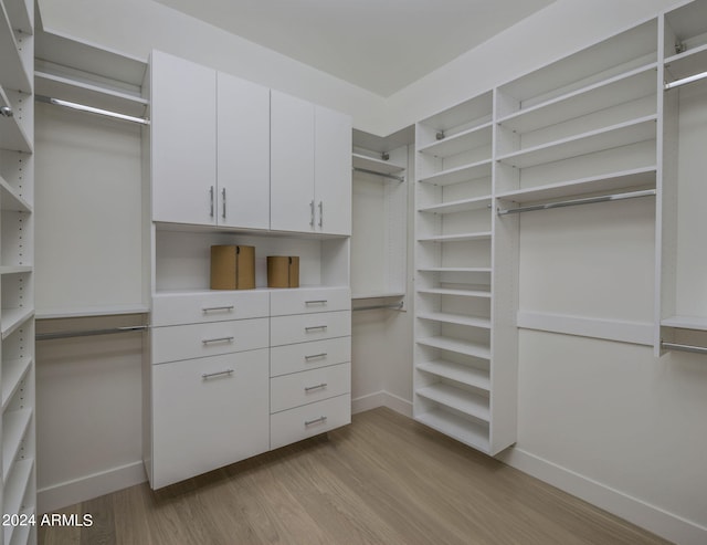 walk in closet with light hardwood / wood-style flooring