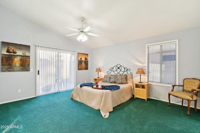 carpeted bedroom with ceiling fan, access to outside, and lofted ceiling